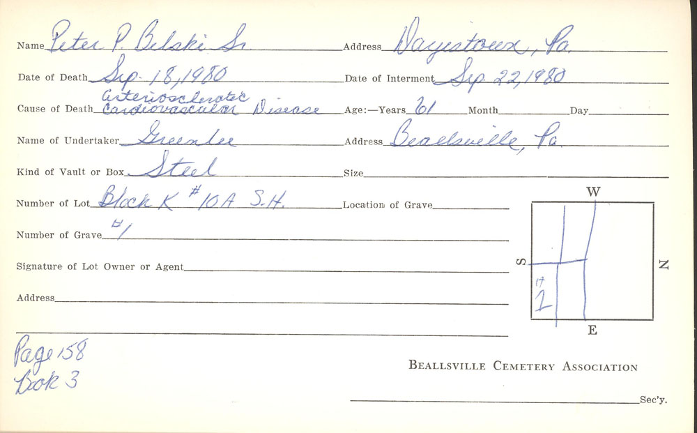 Peter P. Belski Sr.  burial card